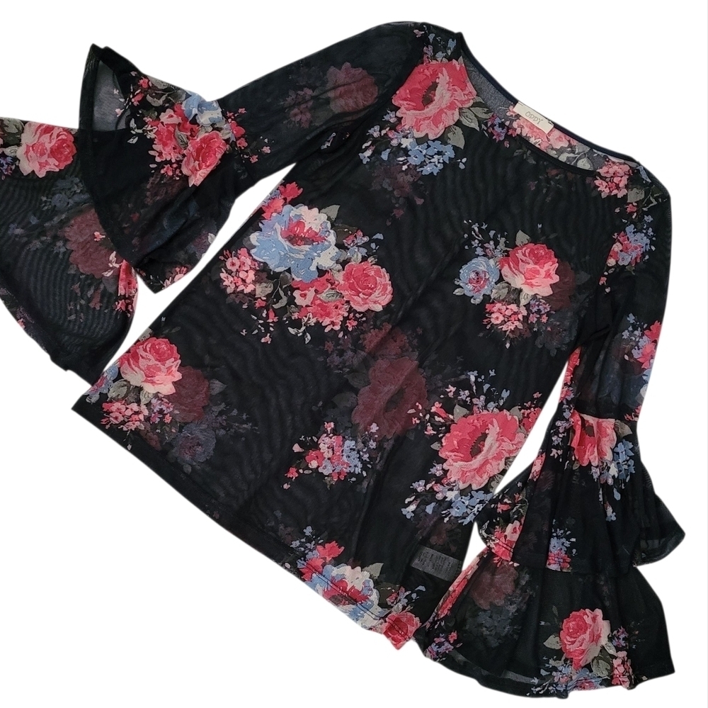 Sheer See Through Blue Floral Top Blouse Long Flare Sleeve - Picture 8 of 9